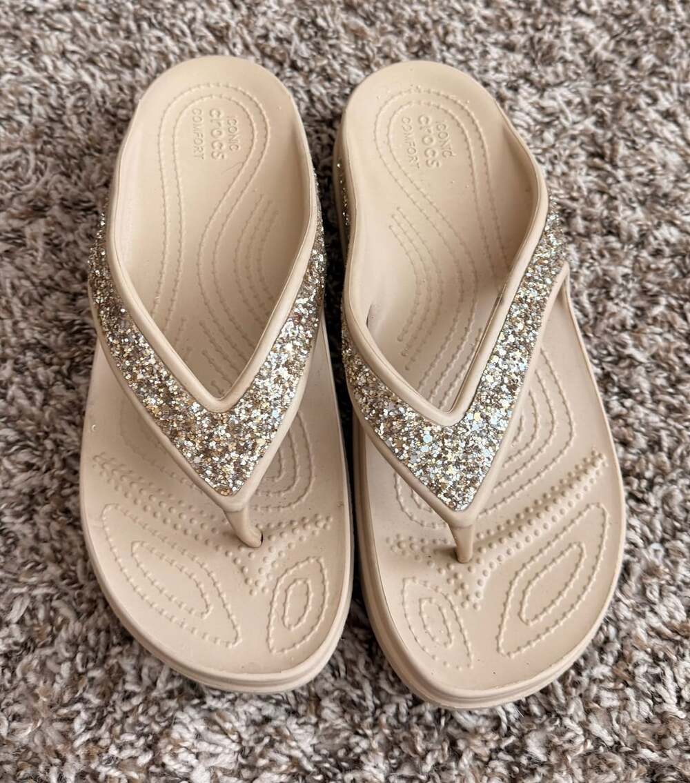 Crocs Women's Sloane Gold Glitter Wedge Flip Flop Sandal